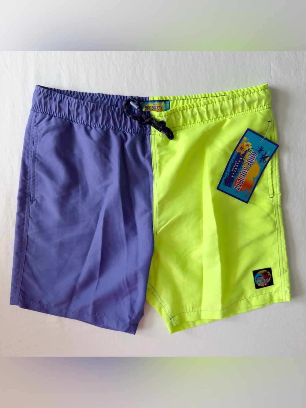 Surf Society Swim Trunks Shorts Mens Large Neon Green Purple Pockets Retro